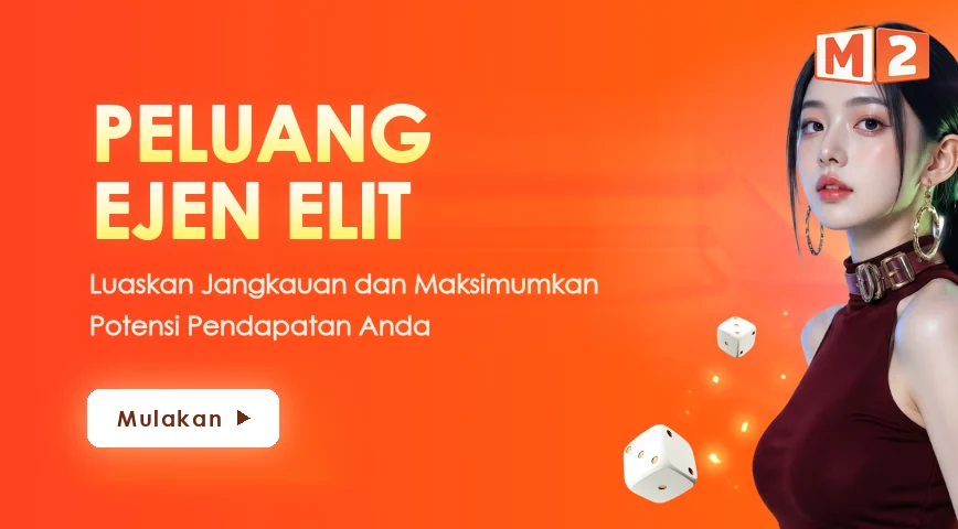 Wanita bergaun merah tua dan dua biji dadu putih di sebelah tulisan peluang ejen elit M2 serta butang Mulakan