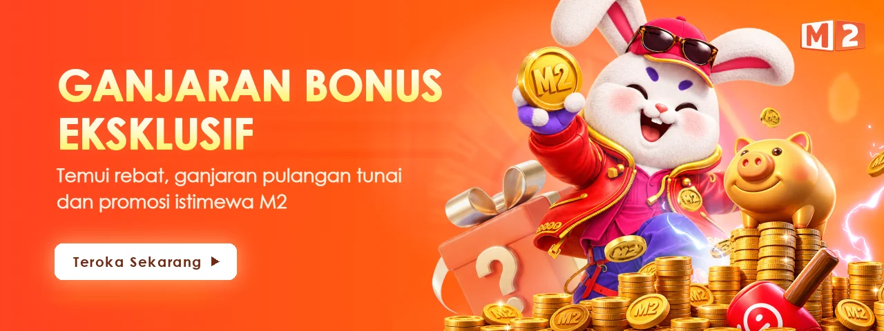 Arnab maskot berjaket merah menjulang syiling emas M2 di atas timbunan syiling, di sebelah tulisan ganjaran bonus eksklusif