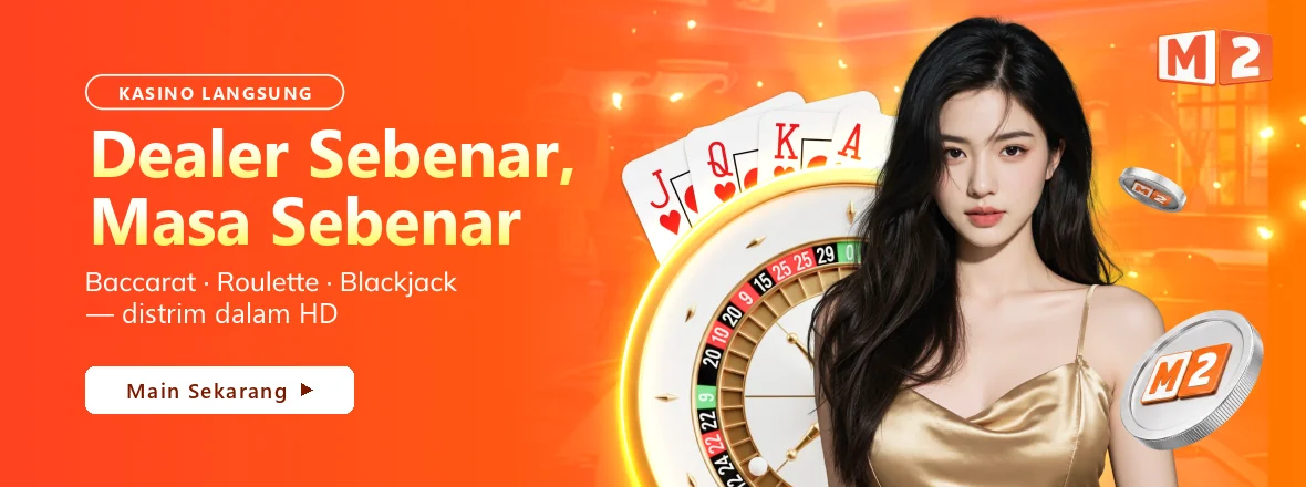 Dealer bergaun satin emas di sebelah roda roulette dan kad terup, pada sepanduk kasino langsung M2