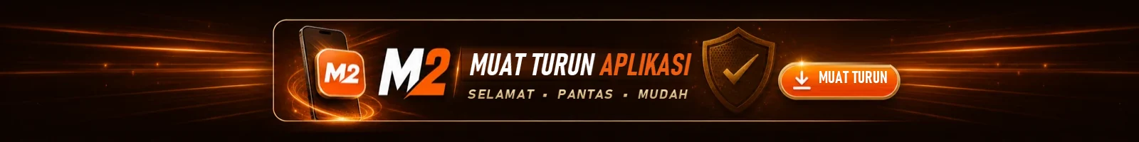 Telefon bertanda M2 di sebelah perisai emas bertanda semak, dengan tulisan muat turun aplikasi: selamat, pantas, mudah