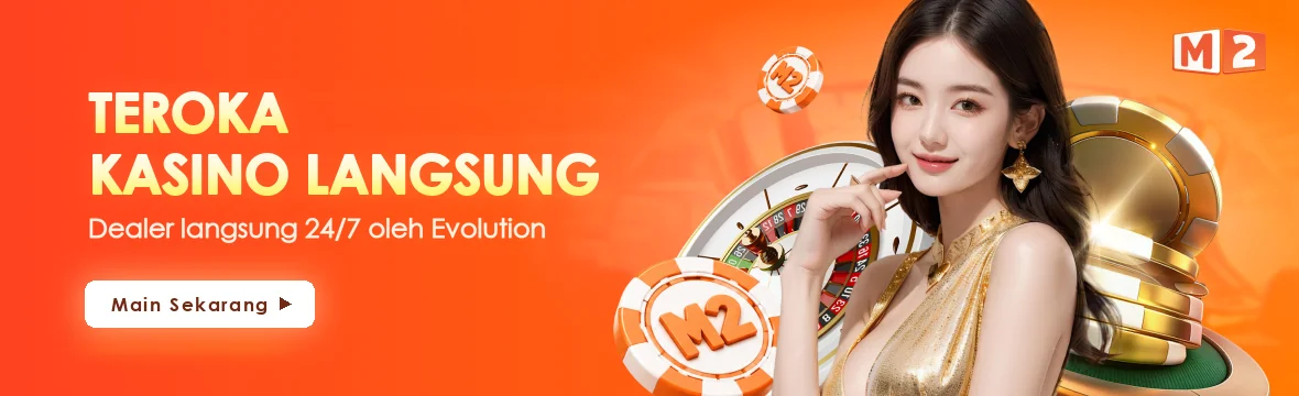 Roda roulette, cip M2 dan dealer berpakaian emas pada sepanduk teroka kasino langsung, dengan dealer langsung 24/7 oleh Evolution