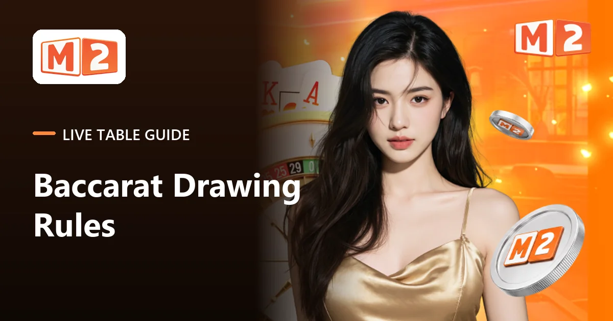 M2 live table guide card: baccarat drawing rules, beside a dealer at a roulette and card table