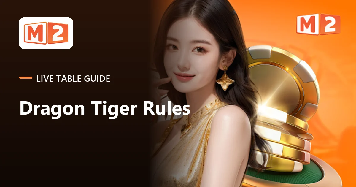 M2 live table guide card: dragon tiger rules, beside a dealer and a gold roulette wheel
