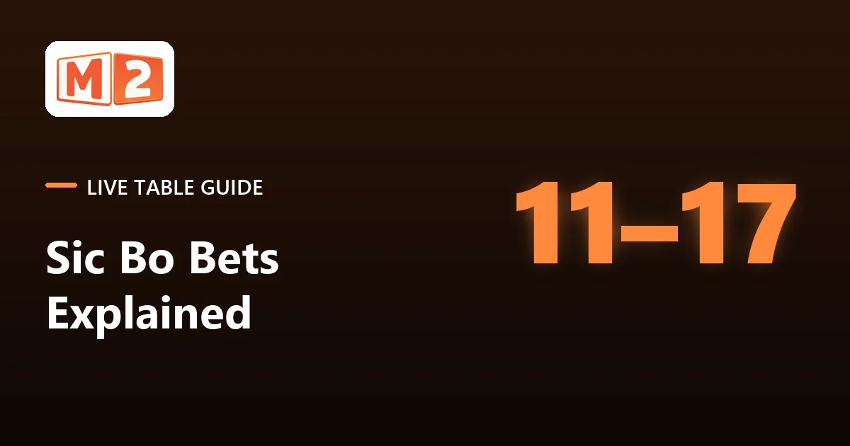 M2 live table guide card: sic bo bets explained, with the big range of 11 to 17