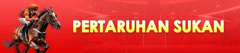 Joki menunggang kuda lumba berlatarkan stadium merah, dengan tulisan Pertaruhan Sukan