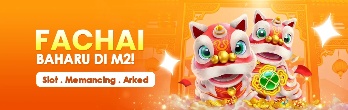 Dua singa tarian merah dan putih dengan tulisan Fachai baharu di M2: slot, memancing, arked