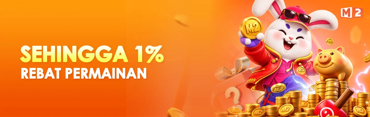 Arnab M2 bercermin mata hitam memegang syiling emas di sebelah tulisan sehingga 1% rebat permainan